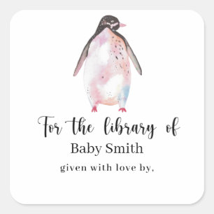 Pegatina Cuadrada Pingüino - Biblioteca para Baby Shower