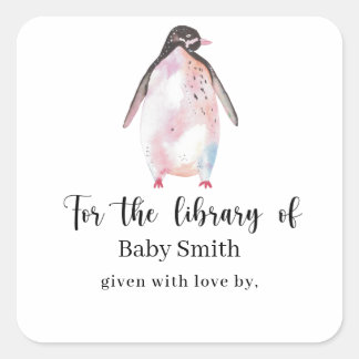 Pegatina Cuadrada Pingüino - Biblioteca para Baby Shower