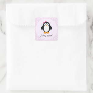 Pegatina Cuadrada Pingüino Chica de tiempo fiesta