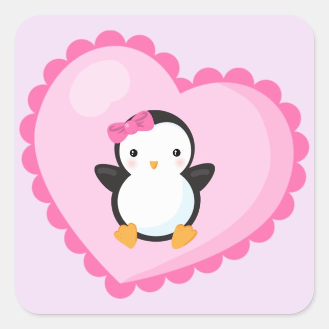 Pegatina Cuadrada Pingüino Chica lindo en un gran corazón rosa claro (Anverso)