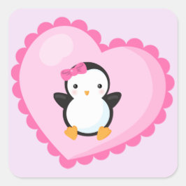 Pegatina Cuadrada Pingüino Chica lindo en un gran corazón rosa claro