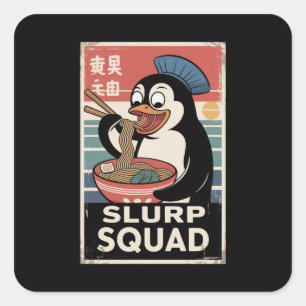Pegatina Cuadrada Pingüino comiendo Ramen Funny Slurp Squad