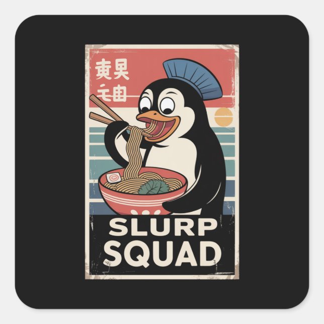 Pegatina Cuadrada Pingüino comiendo Ramen Funny Slurp Squad (Anverso)