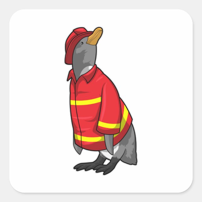 Pegatina Cuadrada Pingüino como bombero con casco (Anverso)