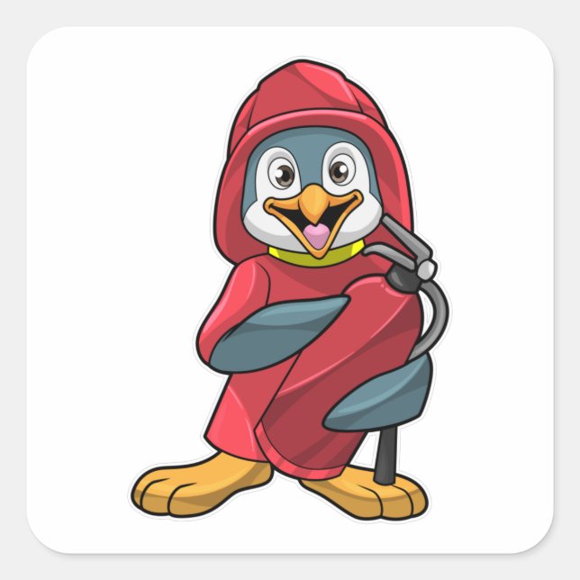 Pegatina Cuadrada Pingüino como bombero con extintor (Anverso)