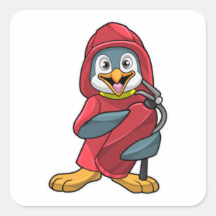 Pegatina Cuadrada Pingüino como bombero con extintor