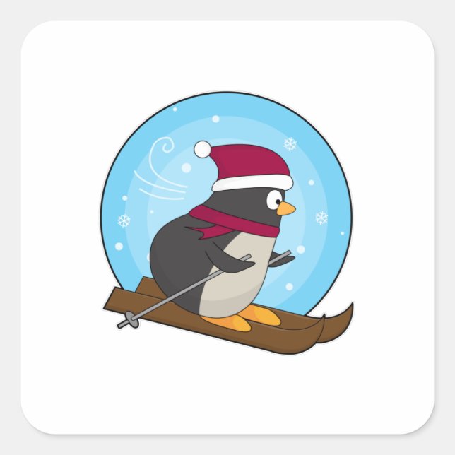 Pegatina Cuadrada Pingüino como esquiador con esquís (Anverso)