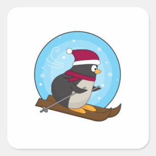 Pegatina Cuadrada Pingüino como esquiador con esquís