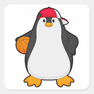 Pegatina Cuadrada Pingüino como jugador de baloncesto con baloncesto