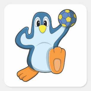 Pegatina Cuadrada Pingüino como jugador de balonmano con balonmano