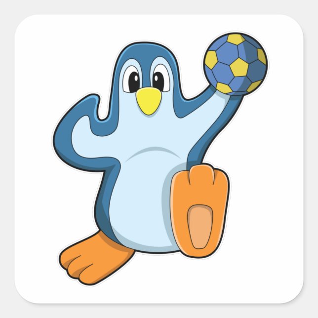 Pegatina Cuadrada Pingüino como jugador de balonmano con balonmano (Anverso)