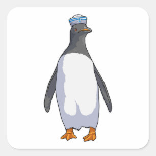 Pegatina Cuadrada Pingüino como marinero con Gorra