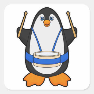 Pegatina Cuadrada Pingüino como músico con tambor