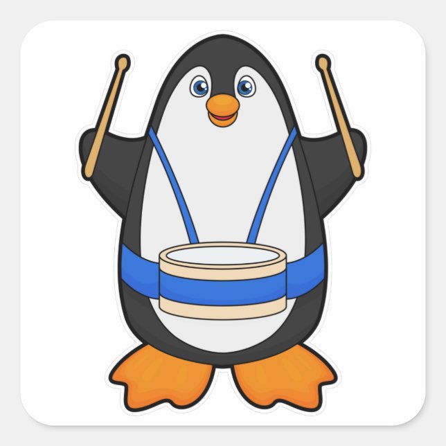 Pegatina Cuadrada Pingüino como músico con tambor (Anverso)