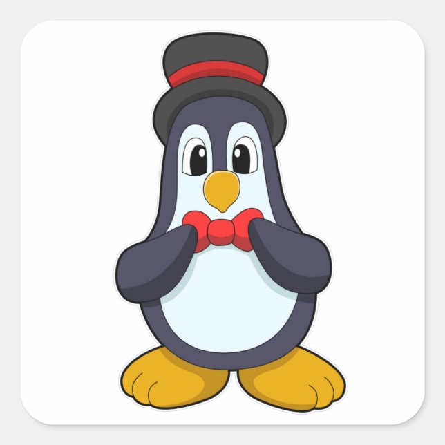 Pegatina Cuadrada Pingüino como novio con cinta y sombrero (Anverso)