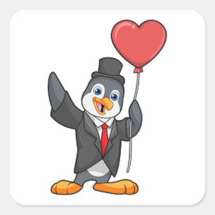 Pegatina Cuadrada Pingüino como novio con globo en forma de corazón