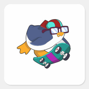 Pegatina Cuadrada Pingüino como patinador con patineta