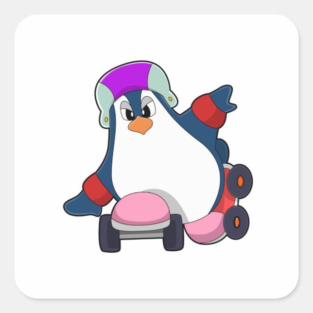 Pegatina Cuadrada Pingüino como patinador en línea con patines en lí (Anverso)