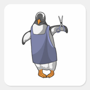 Pegatina Cuadrada Pingüino como peluquero con tijeras