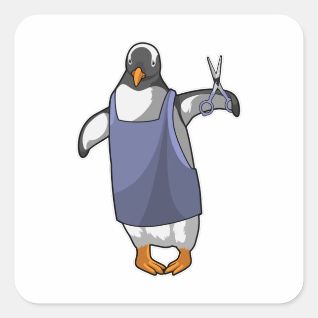 Pegatina Cuadrada Pingüino como peluquero con tijeras (Anverso)