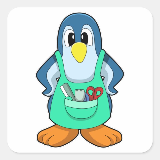 Pegatina Cuadrada Pingüino como peluquero con tijeras y Razor (Anverso)