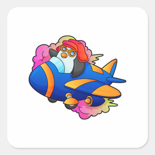 Pegatina Cuadrada Pingüino como piloto con avión (Anverso)