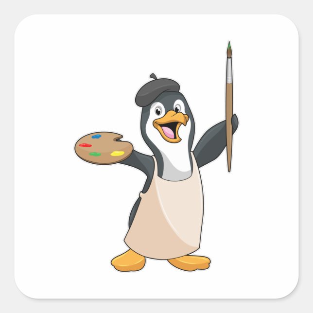 Pegatina Cuadrada Pingüino como pintador con pincel de pintura y col (Anverso)