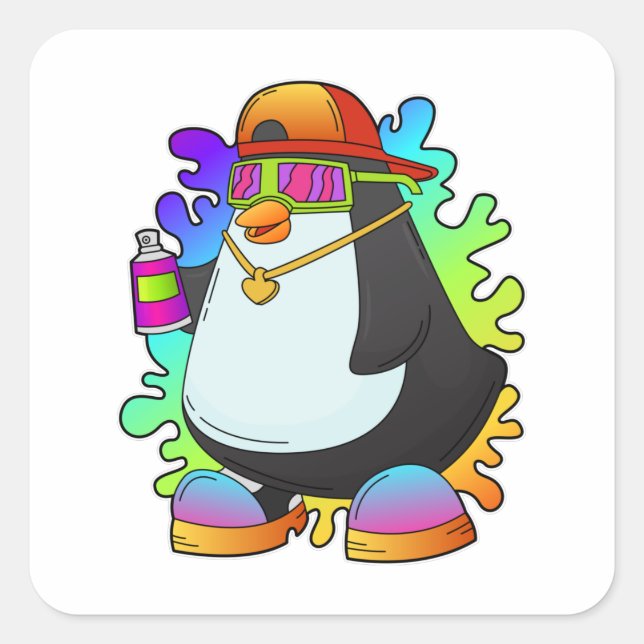Pegatina Cuadrada Pingüino como pintor con rociado (Anverso)