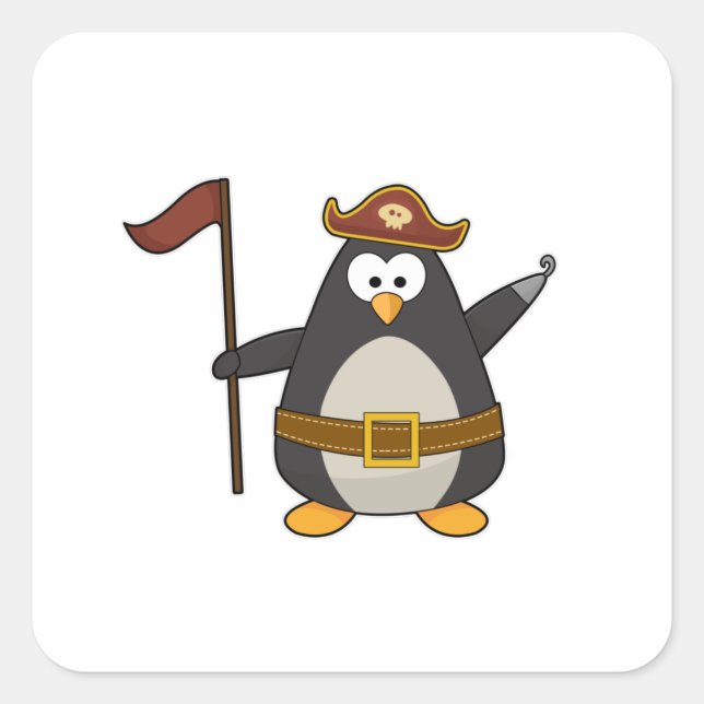 Pegatina Cuadrada Pingüino como pirata con cinturón pirata y Gorra (Anverso)