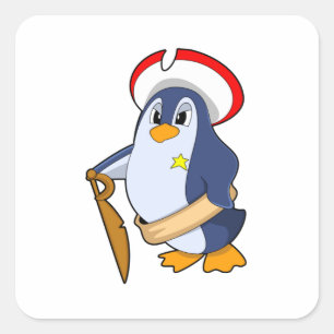 Pegatina Cuadrada Pingüino como pirata con Gorra