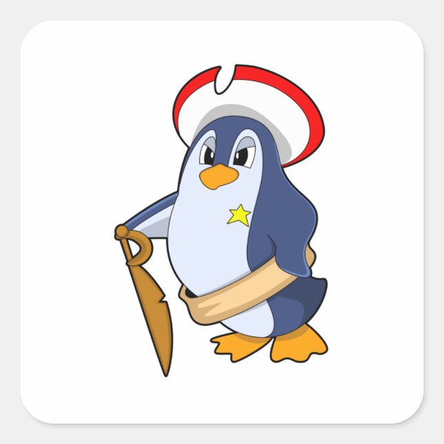 Pegatina Cuadrada Pingüino como pirata con Gorra (Anverso)