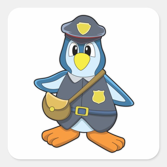 Pegatina Cuadrada Pingüino como policía con bolso de mano (Anverso)