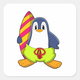 Pegatina Cuadrada Pingüino como surfista con tabla de surf