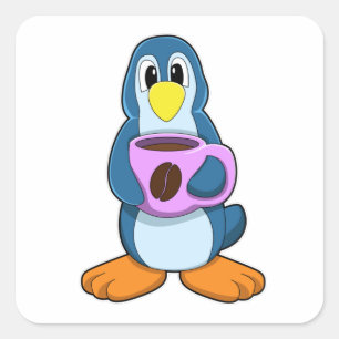 Pegatina Cuadrada Pingüino con Copa de Café