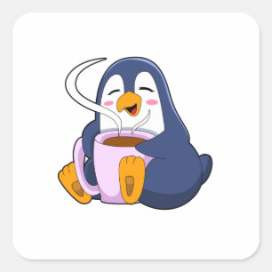 Pegatina Cuadrada Pingüino con Copa de Café