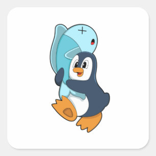 Pegatina Cuadrada Pingüino con pescado
