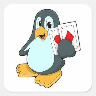 Pegatina Cuadrada Pingüino con tarjetas de póker