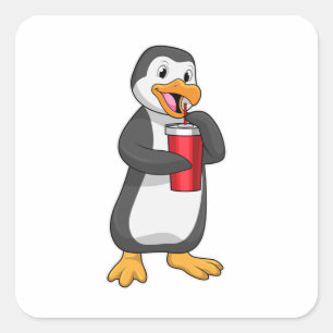 Pegatina Cuadrada Pingüino con taza de bebida con paja