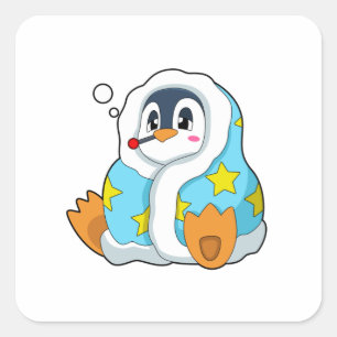 Pegatina Cuadrada Pingüino con termómetro clínico