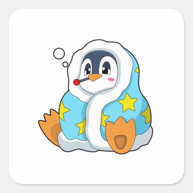 Pegatina Cuadrada Pingüino con termómetro clínico (Anverso)