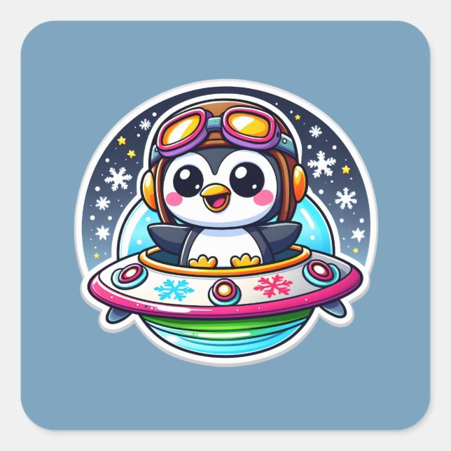 Pegatina Cuadrada Pingüino Cute de OVNI (Anverso)