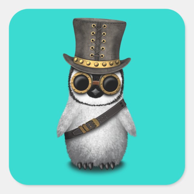 Pegatina Cuadrada Pingüino de bebé de Steampunk (Anverso)