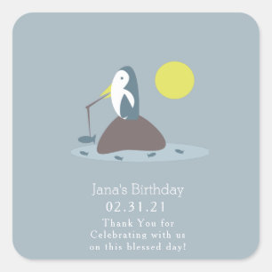 Pegatina Cuadrada Pingüino de cumpleaños más lindo pescando gracias
