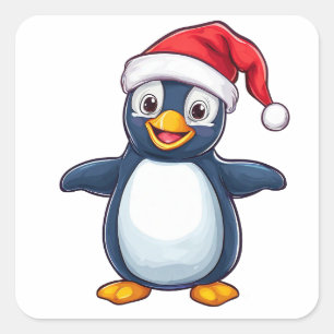Pegatina Cuadrada Pingüino de dibujos animados alegre con sombrero d