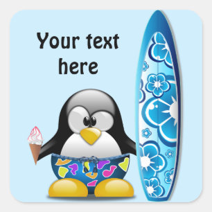 Pegatina Cuadrada Pingüino de la persona que practica surf con