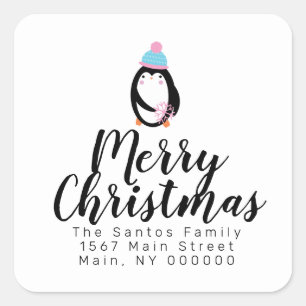 Pegatina Cuadrada Pingüino de Navidad Lindo Copo de Nieve  Dirección