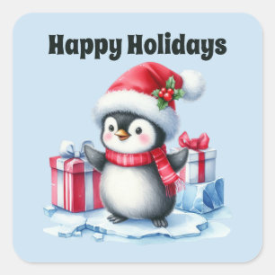 Pegatina Cuadrada Pingüino de Navidades de Felices Fiestas