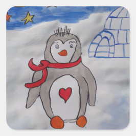 Pegatina Cuadrada Pingüino de nieve en invierno