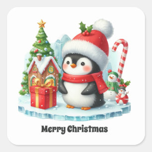 Pegatina Cuadrada Pingüino de personalizable festivo Feliz Navidad