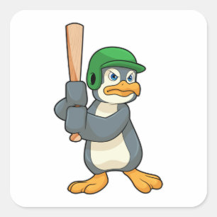 Pegatina Cuadrada Pingüino en béisbol con bate de béisbol y casco